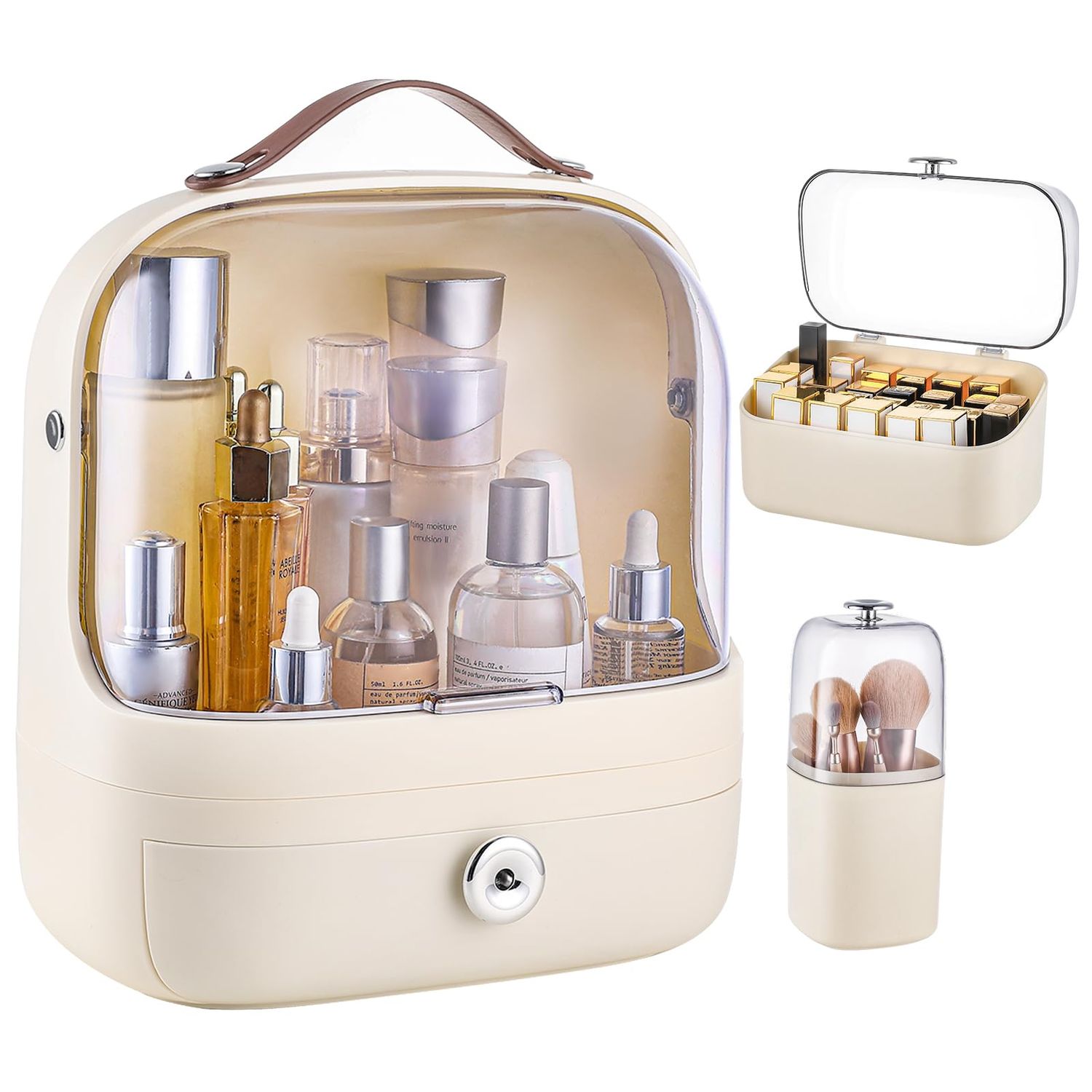 SYNCVIBE Makeup Storage Organizer Skincare Organizers, Cosmetics Display Case with Makeup Brush Holder and Lipstick Organizer, Dustproof Countertop Makeup Organizer with Transparent Cover and Handle