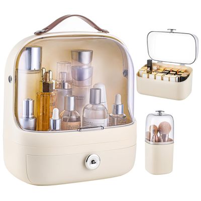 SYNCVIBE Makeup Storage Organizer Skincare Organizers, Cosmetics Display Case with Makeup Brush Holder and Lipstick Organizer, Dustproof Countertop Makeup Organizer with Transparent Cover and Handle