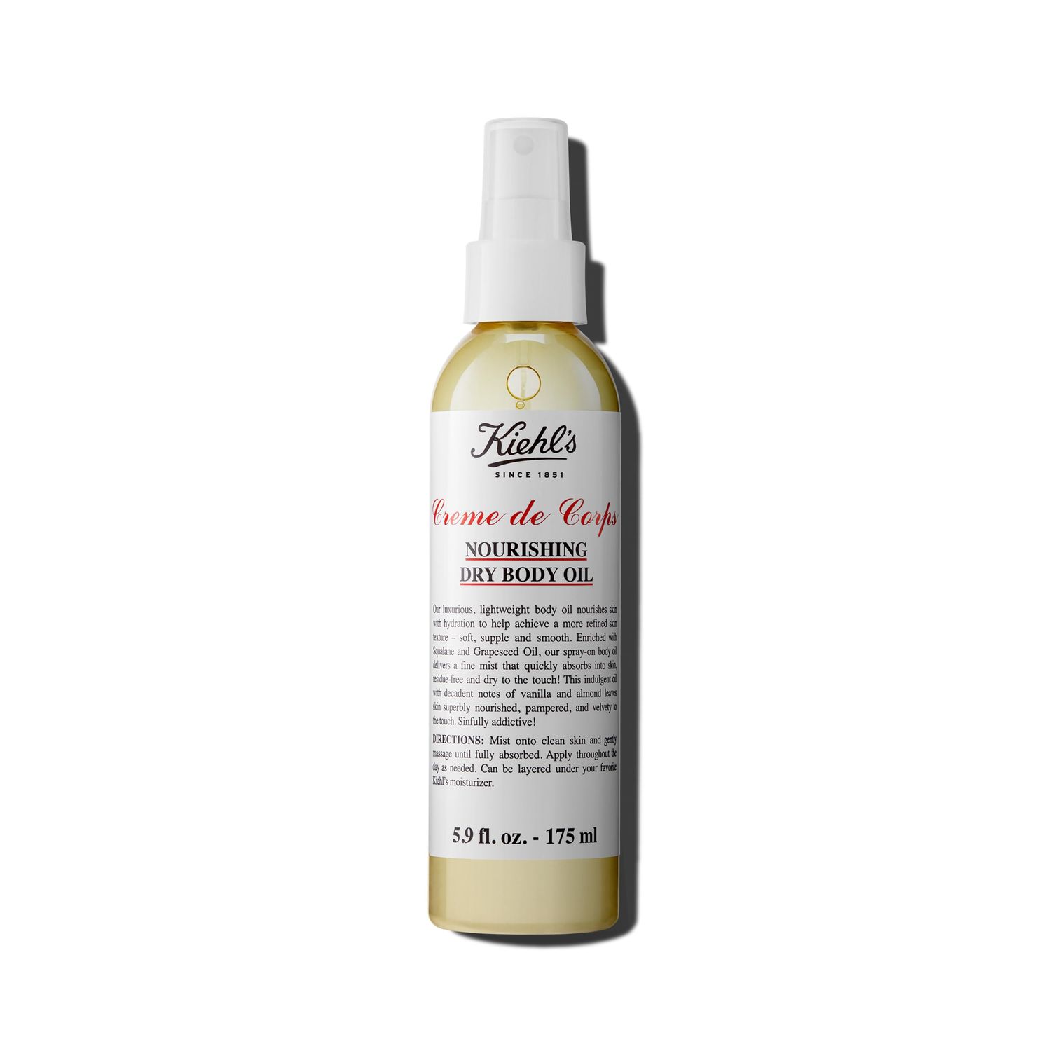 Kiehl&#39;s Creme de Corps Nourishing Dry Body Oil, Lightweight Body Oil Spray for Soft &amp; Smooth Skin, with Squalane &amp; Grape Seed Oil, Absorbs Quickly, Residue-free, Vanilla &amp; Almond Scent - 5.9 fl oz