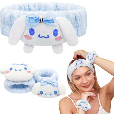 Kugiter Cute Spa Headband and Wristband Set for Face Washing, Kawaii Soft Skincare Headbands for Women Girls, Blue Makeup Headband for Washing Face, Bath, Shower, Beauty