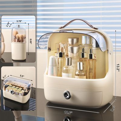 SYNCVIBE Makeup Storage Organizer Skincare Organizers, Cosmetics Display Case with Makeup Brush Holder and Lipstick Organizer, Dustproof Countertop Makeup Organizer with Transparent Cover and Handle