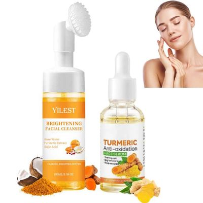Turmeric Face Wash &amp; Turmeric Serum Set, 2 PCS Turmeric Facial Foaming Deep Cleansing Exfoliating, Turmeric Serum for Moisturizing Skin, Turmeric Cleanser &amp; Serum for All Skin, 3.38+1.05 Fl Oz