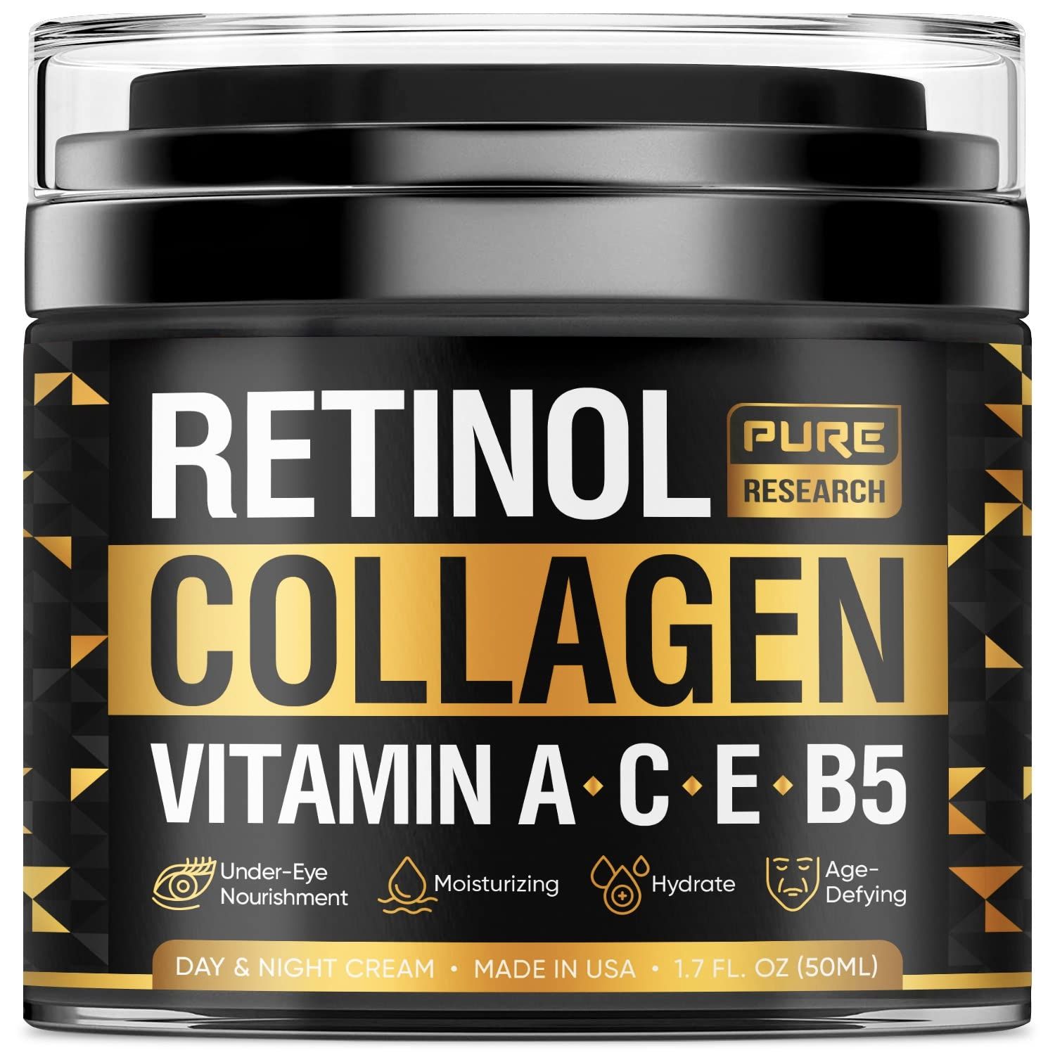 Retinol Face Cream - Natural Anti-Wrinkle Cream - Anti-Aging Facial Moisturizer with Collagen &amp; Hyaluronic Acid - Hydrate, Renew and Protect Your Skin 1.7oz