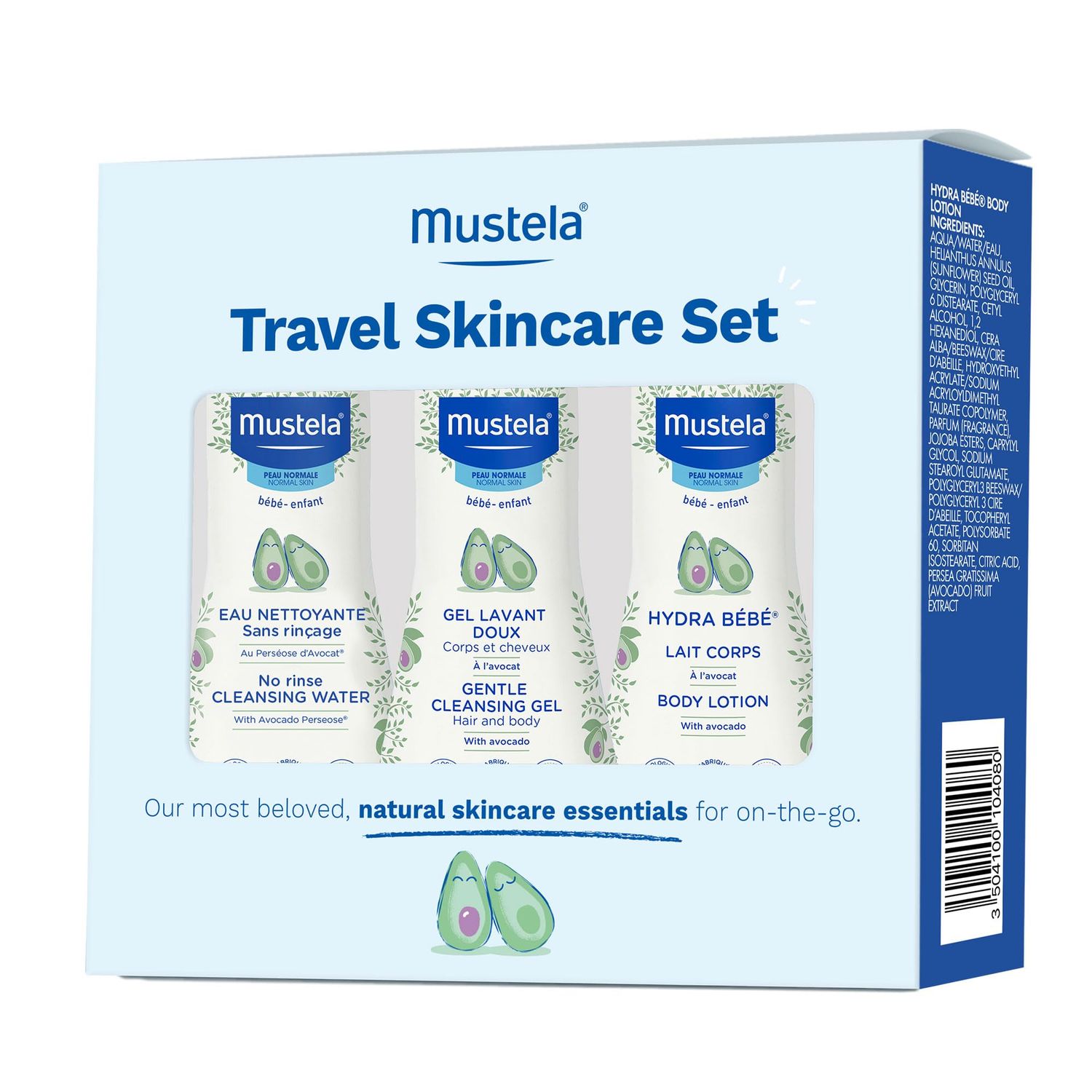 Mustela Travel Skinscare Set - Baby Skin Care &amp; Bath Time Set - TSA-Approved - Natural &amp; Plant-Based - Natural Avocado - 3 Items Set - Refillable &amp; Reusable 1.69 Fl. Oz. Bottles
