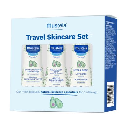 Mustela Travel Skinscare Set - Baby Skin Care &amp; Bath Time Set - TSA-Approved - Natural &amp; Plant-Based - Natural Avocado - 3 Items Set - Refillable &amp; Reusable 1.69 Fl. Oz. Bottles