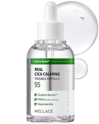 WELLAGE Real Cica Calming Trouble Ampoule - Korean Soothing Serum 95% Madecassoside, Rapid Soothing, Redness Relief, Sebum Control, Improves Freckles and Blemishes, for Acne-Prone Skin, 1.69 fl.oz