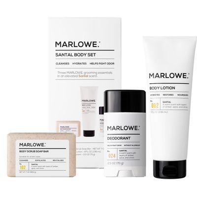 MARLOWE. Men&#39;s Grooming Santal Body Set, Features No. 102 Scrub Soap Bar, No. 024 Deodorant &amp; No. 002 Body Lotion, Warm Amber, Sandalwood &amp; Citron Scent