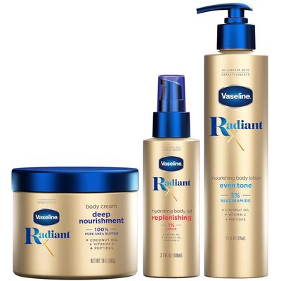 Vaseline Radiant X Skin Care Set -Even Tone Nourishing Body Lotion with 1% Niacinamide, Deep Nourishment Body Cream with Vitamin C + Hydrating Body Oil with Vitamin E (3 Piece Set)