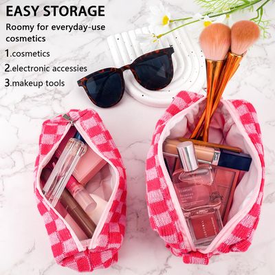 ZLFSRQ 2Pcs Checkered Makeup Bag for Women Cute Cosmetic Pouch Travel Small Cosmetic Bag Set Cute Makeup Pouch Purse Portable Skincare Zippered Toiletry Bag Organizer Preppy Trendy Storage Bag(Pink)