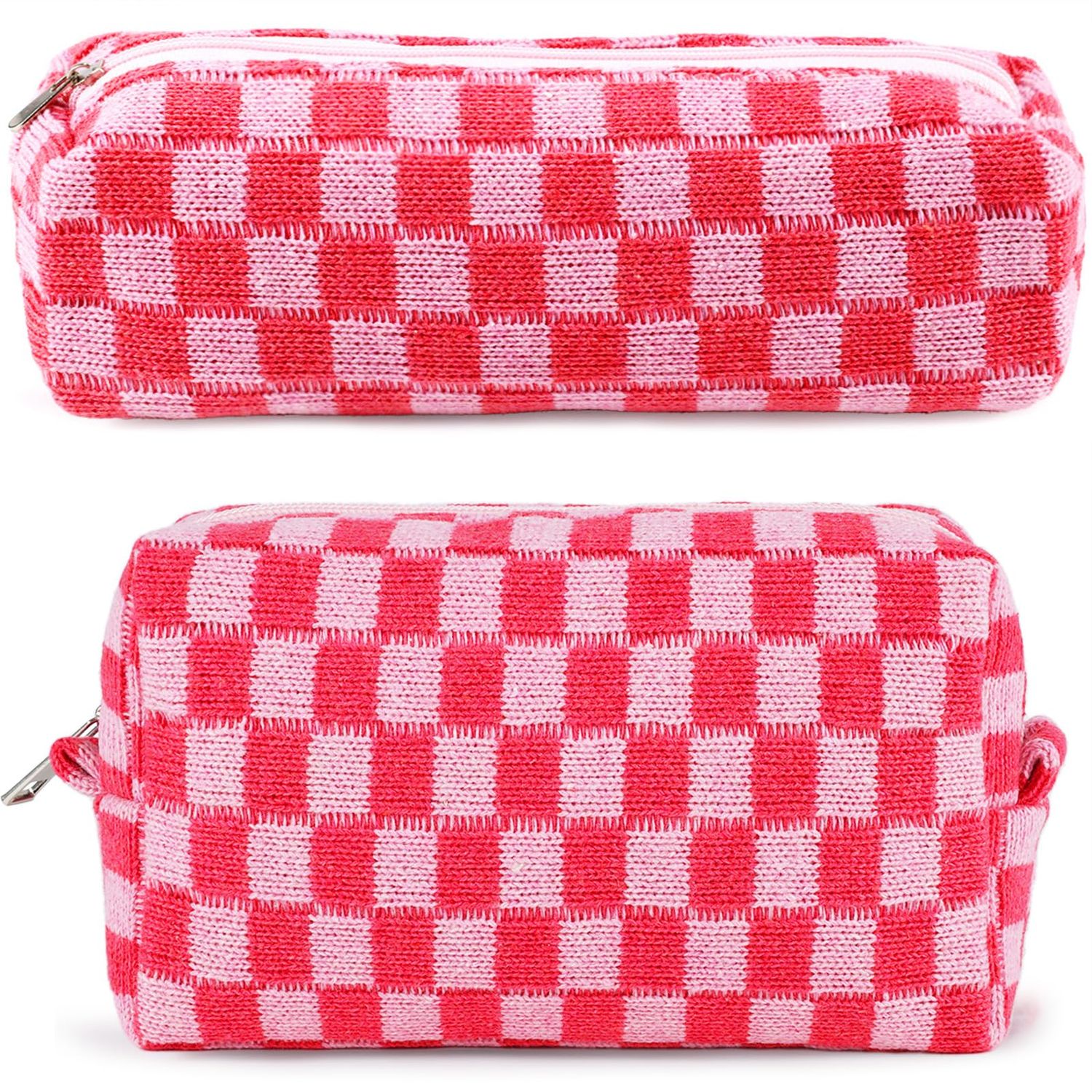 ZLFSRQ 2Pcs Checkered Makeup Bag for Women Cute Cosmetic Pouch Travel Small Cosmetic Bag Set Cute Makeup Pouch Purse Portable Skincare Zippered Toiletry Bag Organizer Preppy Trendy Storage Bag(Pink)