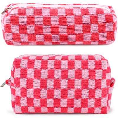 ZLFSRQ 2Pcs Checkered Makeup Bag for Women Cute Cosmetic Pouch Travel Small Cosmetic Bag Set Cute Makeup Pouch Purse Portable Skincare Zippered Toiletry Bag Organizer Preppy Trendy Storage Bag(Pink)