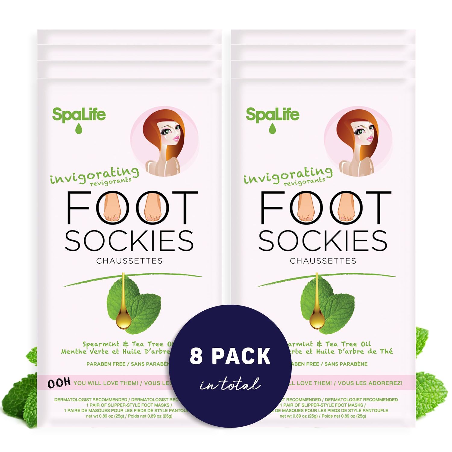 SpaLife Softening Care Foot Sockies (8-Pack) - Spearmint &amp; Tea Tree Oil, Exfoliating Pack for Healthy Feet, Intensive Repair, Callus Remover Sockies, Dry Skin Solution, Moisturizing Foot Treatment