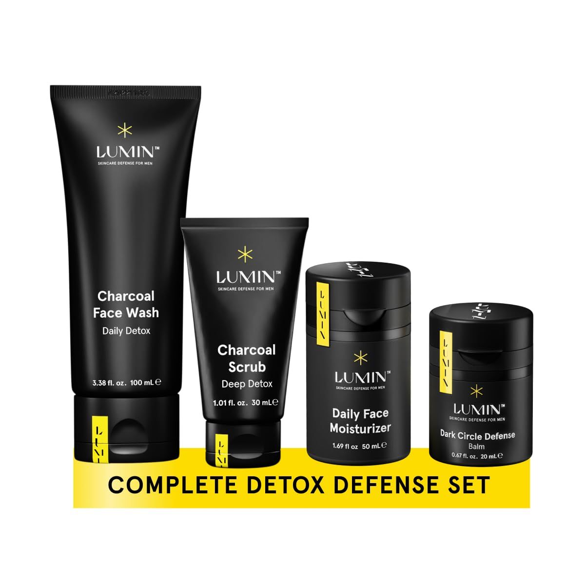 Lumin - Class Act Bundle - Men&#39;s Skincare Kit, Includes: Charcoal Face Wash Daily Detox, Charcoal Scrub Deep Detox, Daily Face Moisturizer &amp; Dark Circle Defense Balm, Suitable For All Skin Types