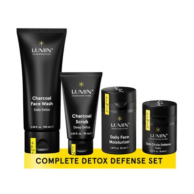 Lumin - Class Act Bundle - Men&#39;s Skincare Kit, Includes: Charcoal Face Wash Daily Detox, Charcoal Scrub Deep Detox, Daily Face Moisturizer &amp; Dark Circle Defense Balm, Suitable For All Skin Types