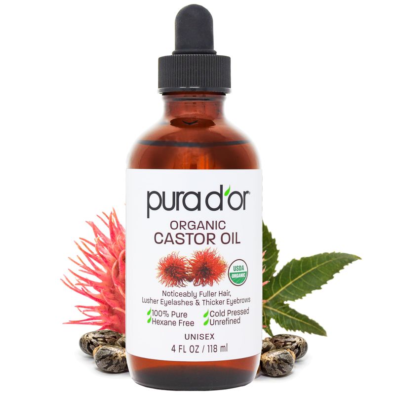 PURA D&#39;OR 4 Oz ORGANIC Castor Oil - 100% Pure USDA Certified Cold Pressed, Hexane Free Eyelash &amp; Eyebrow Serum - For Fuller, Thicker Lashes &amp; Brows - Skin &amp; Hair