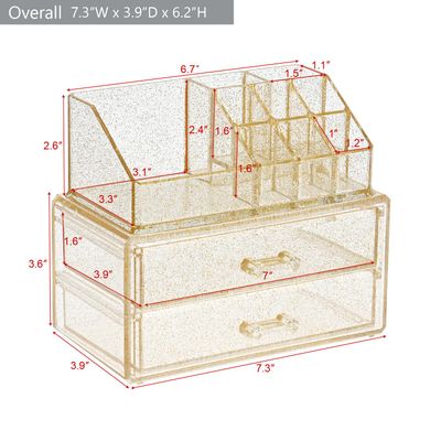 Ikee Design Acrylic Makeup Organizer with 2 Drawers Removable Top Lipstick Holders, Cosmetics Organizer for Skincare, Accessories, Lip Gloss for Vanity or Bathroom Countertop, Gold Glitter