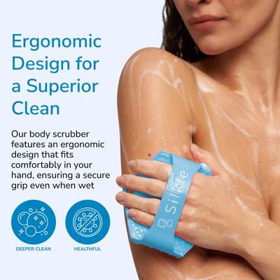 SILKLE Silicone Body Scrubber - Exfoliating Bath Brush and Skin Cleanser - Shower Sponge for Gentle Body Scrub and Wash - Silicone Scrubbing Care Tool for a Refreshed and Renewed You - Blue