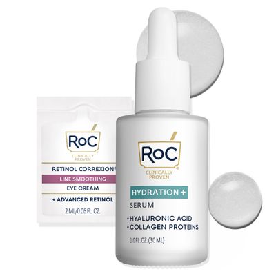 RoC Hydration+ Hyaluronic Acid Serum for Face, Hydrating, Plumping, Fragrance Free, Lightweight Formula with Collagen Proteins, Stocking Stuffers for Men &amp; Women, 1 oz with Retinol Eye Cream Packette