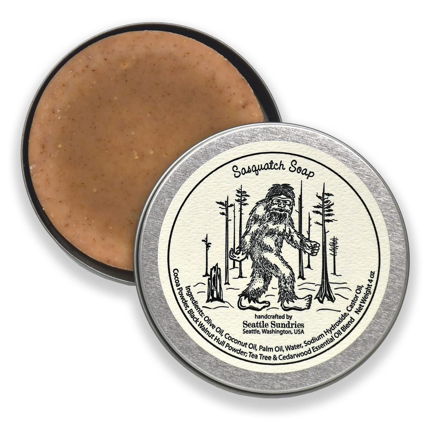 Seattle Sundries Sasquatch Soap Bar Natural Skin Care, 1 (4oz) Handmade Soap Bar in a Retro Aesthetic Gift Tin with a Woodsy Scent, Camp &amp; Bigfoot Gift Idea