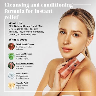 Hydrating Witch Hazel Facial Toner That Tightens Pores- Refreshing, Balancing, and Soothing Skin, Alcohol-Free Face Toner w, Aloe Vera, Rose Petal, Salicylic & Glycolic Acid, 100ml