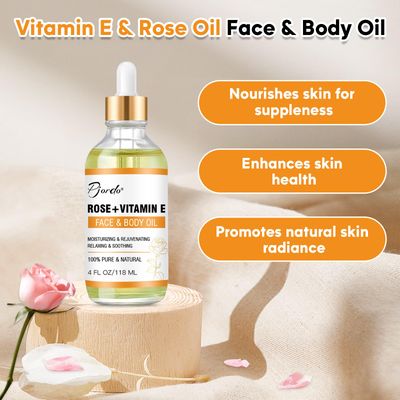 Pjordo Vitamin E Rose Oil 4 oz &amp; Gua Sha Massage Tools Set, Gua Sha Oil for Face &amp; Body, Organic Vitamin E Oil for Moisturizing and Hydrating, Anti Aging, Massage Oil for Massaging Joint &amp; Muscles