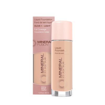 Mineral Fusion Full Coverage Foundation, Liquid Foundation - Olive 1- Light Complexion w/Olive/Green Undertones, Lightweight Matte Finish, Up to 12 Hr Hydration, Hypoallergenic &amp; Vegan, 1 fl. oz