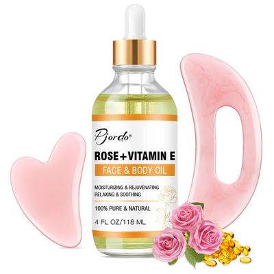 Pjordo Vitamin E Rose Oil 4 oz &amp; Gua Sha Massage Tools Set, Gua Sha Oil for Face &amp; Body, Organic Vitamin E Oil for Moisturizing and Hydrating, Anti Aging, Massage Oil for Massaging Joint &amp; Muscles