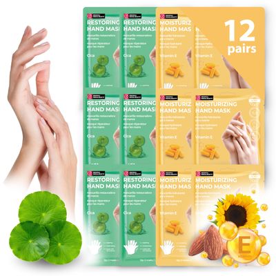 Original Derma Beauty Hand mask 12 Pairs Restoring Cica + Moisturizing Vitamin E Hydrating Hand Mask Hand Mask Gloves (Assort #1) Hand Repair Gloves Hand care Hand Rejuvination Soothing Gloves
