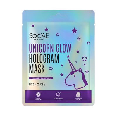 Soo&#39;AE Unicorn Glow Hologram Mask [1 EA] Clarify Brightening Hydrating Holographic Foil mask with Binchotan Activated Black charcoal Niacinamide Witch Hazel Detoxifying Soothing Mask