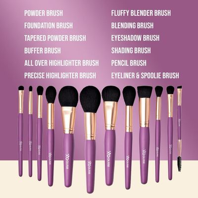 XO Glam 12Pcs Purple Passion Makeup Brush Set Premium Synthetic Blending Buffer Powder Eye Shading Eyeshadow Pencil Foundation Highlighter Cosmetics Brushes