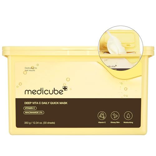 Medicube Deep Vita C Daily Quick 30 Sheet Masks - Vegan Certified, Quick Dispenser, Triple Vitamin Complex For Radiance and Hydration - Korean Face Masks