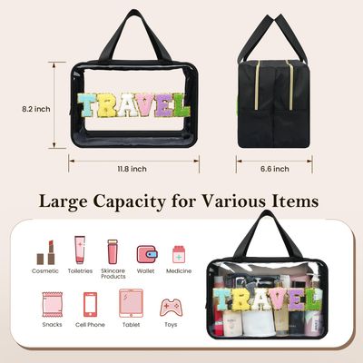 Yowivon Extra Large Travel Pouches for Toiletries, Waterproof Preppy Makeup Spf Sunscreen Skin Care Snack Bag, Clear Tote Bag for Beach, Camping, Business Trips, Swimming, Stadium Event, Black, XL