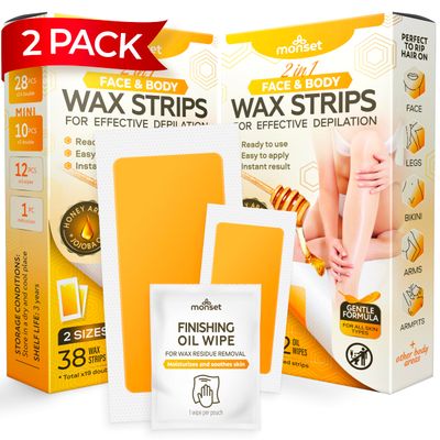 Wax Strips 76 Count - 56 Body Wax Strips, 20 Face Wax Strips and 24 Finish Wipes - Body and Facial Hair Removal for Women and Men - Hair Remover Wax Kit for Upper Lip, Legs, Underarms - 2 Pack