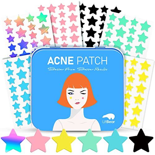 LitBear Acne Patch with Tea Tree &amp; Centella Oil, 168 Hydrocolloid Dots in 6 Colors for Face - Cute Star Pimple Stickers