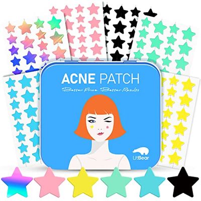 LitBear Acne Patch with Tea Tree &amp; Centella Oil, 168 Hydrocolloid Dots in 6 Colors for Face - Cute Star Pimple Stickers
