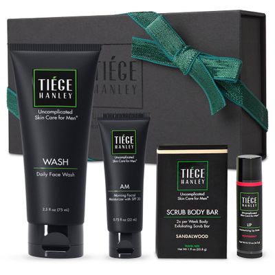 Tiege Hanley Mens Skin Care Gift Box Set, Bronze - Men&#39;s Skincare Set Includes Face Wash, Facial Moisturizer with SPF 20 Sunscreen, Body Exfoliating Scrub Bar, &amp; Moisturizing Lip Balm