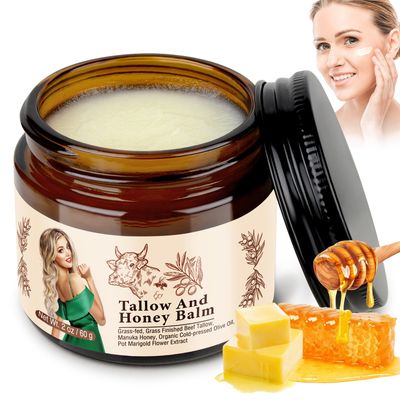 RodPere Grass Fed Beef Tallow Cream For Skin, Organic Beef Tallow and Honey Moisturizer For Dry Skin, Deep Moisturizing Tallow Body Butter Lotion For Cracked Skin Care, Beef Tallow Balm, 2 OZ.