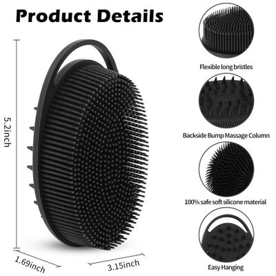 RSMKRH 2pcs Silicone Body Scrubber, 2-in-1 Shower Brush Shampoo Brush, Gentle Exfoliating Body Scrubber, Scalp Massager, Rich Foam, Long Lasting, Suitable for Sensitive Skin(Carbon Black+Azure Blue)