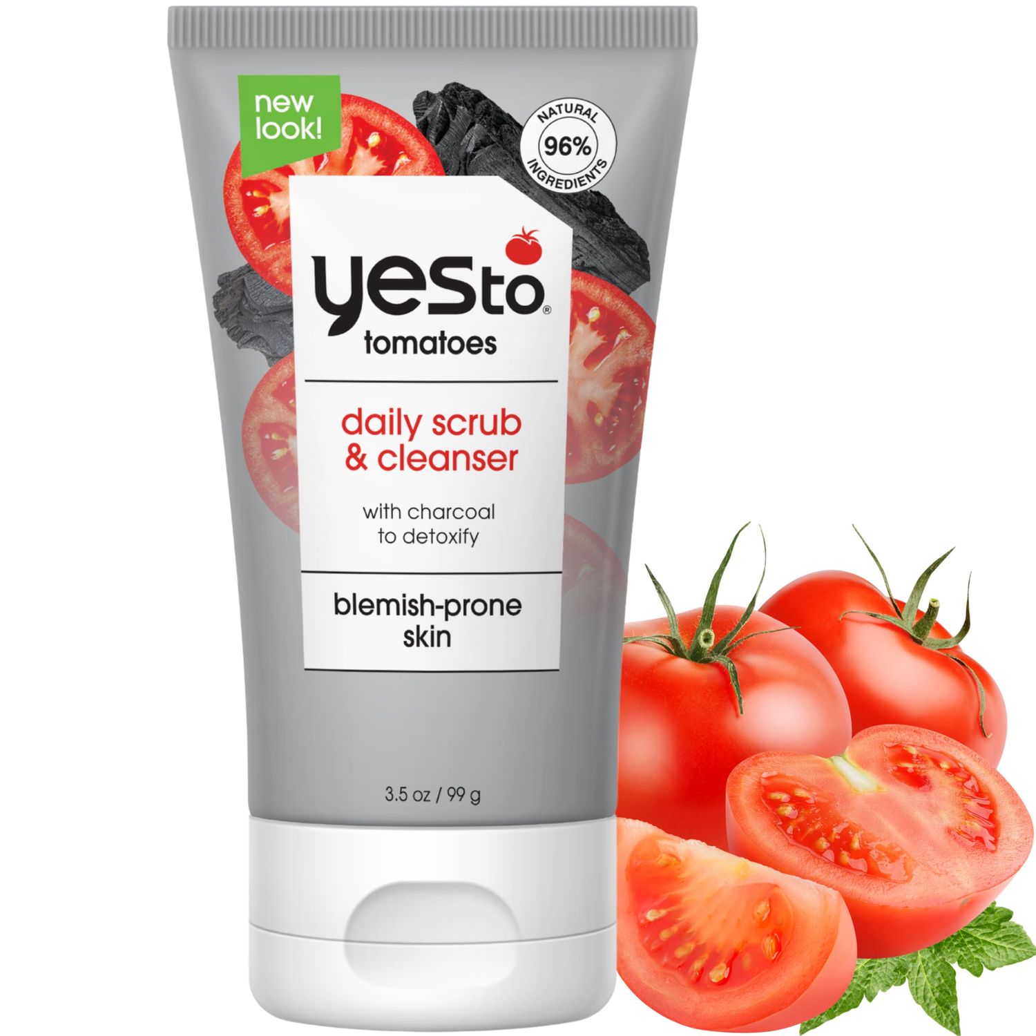 Yes To Tomatoes Clear Skin Detoxifying Charcoal Deep Cleansing Scrub 3.5 Oz, For All Skin Types To Deep Clean &amp; Purify Skin, Vegan With 96% Natural Ingredients