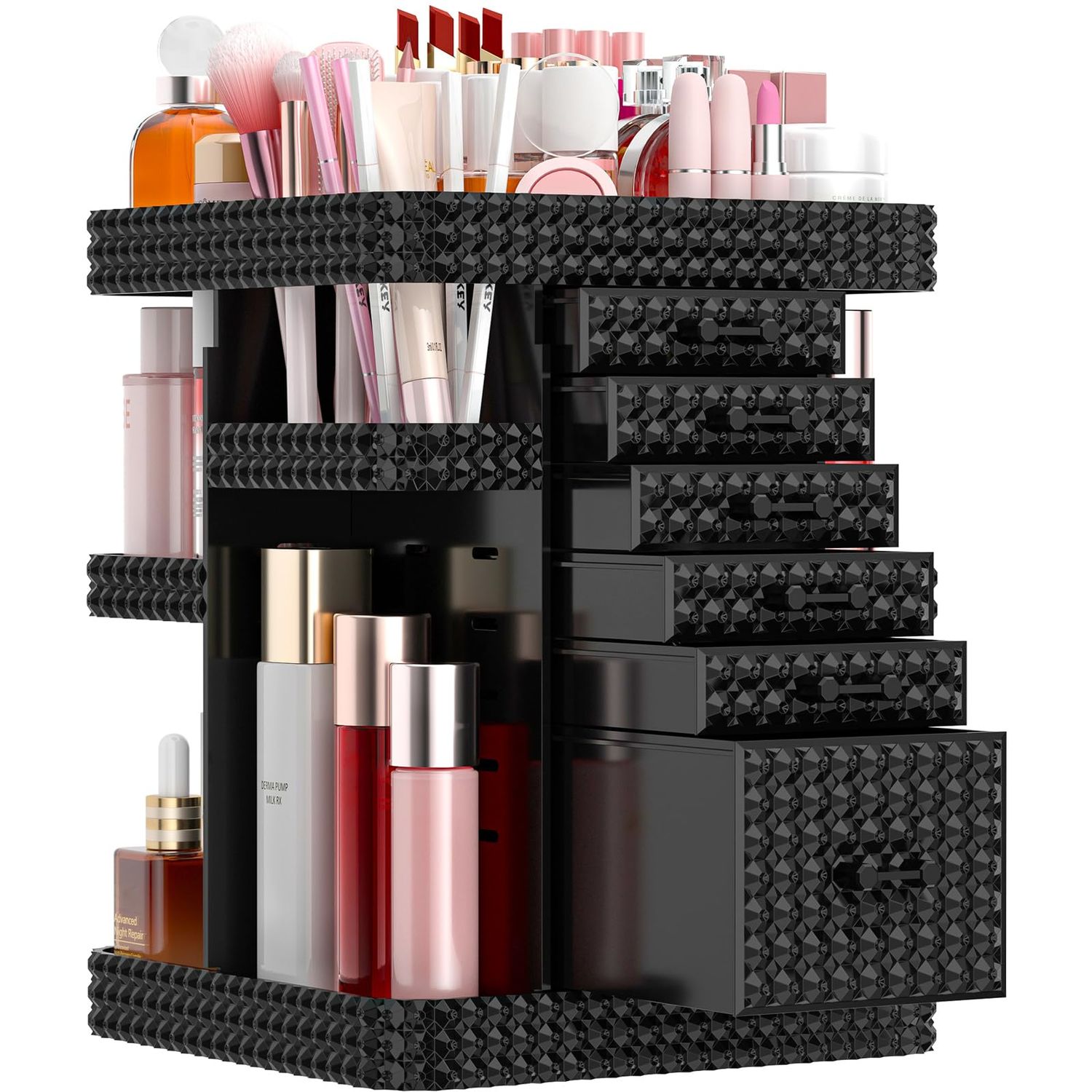 HEMTROY Rotating Makeup Organizer with 6 Drawers[New Updated], Multifunctional Cosmetics Organizer for Vanity Countertop, Square Jewelry Storage, Skincare Organizer for Makeup Holder (Plus Size-Black)