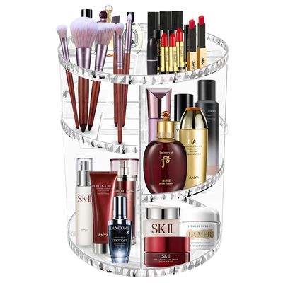 TiStm 360 Rotating Makeup Organizer, Adjustable Layer Spinning Skincare Organizer with Brush Holder,Large Capacity Perfume Organizer Lazy Susan Makeup Organizers for Dresser Bathroom, Clear