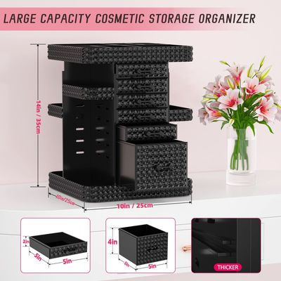 HEMTROY Rotating Makeup Organizer with 6 Drawers[New Updated], Multifunctional Cosmetics Organizer for Vanity Countertop, Square Jewelry Storage, Skincare Organizer for Makeup Holder (Plus Size-Black)