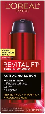 L'Oreal Paris Revitalift Triple Power Anti-Aging Broad Spectrum SPF 30 Sunscreen, Pro Retinol, Hyaluronic Acid &amp; Vitamin C Lotion, Reduces Wrinkles 1.7 Oz