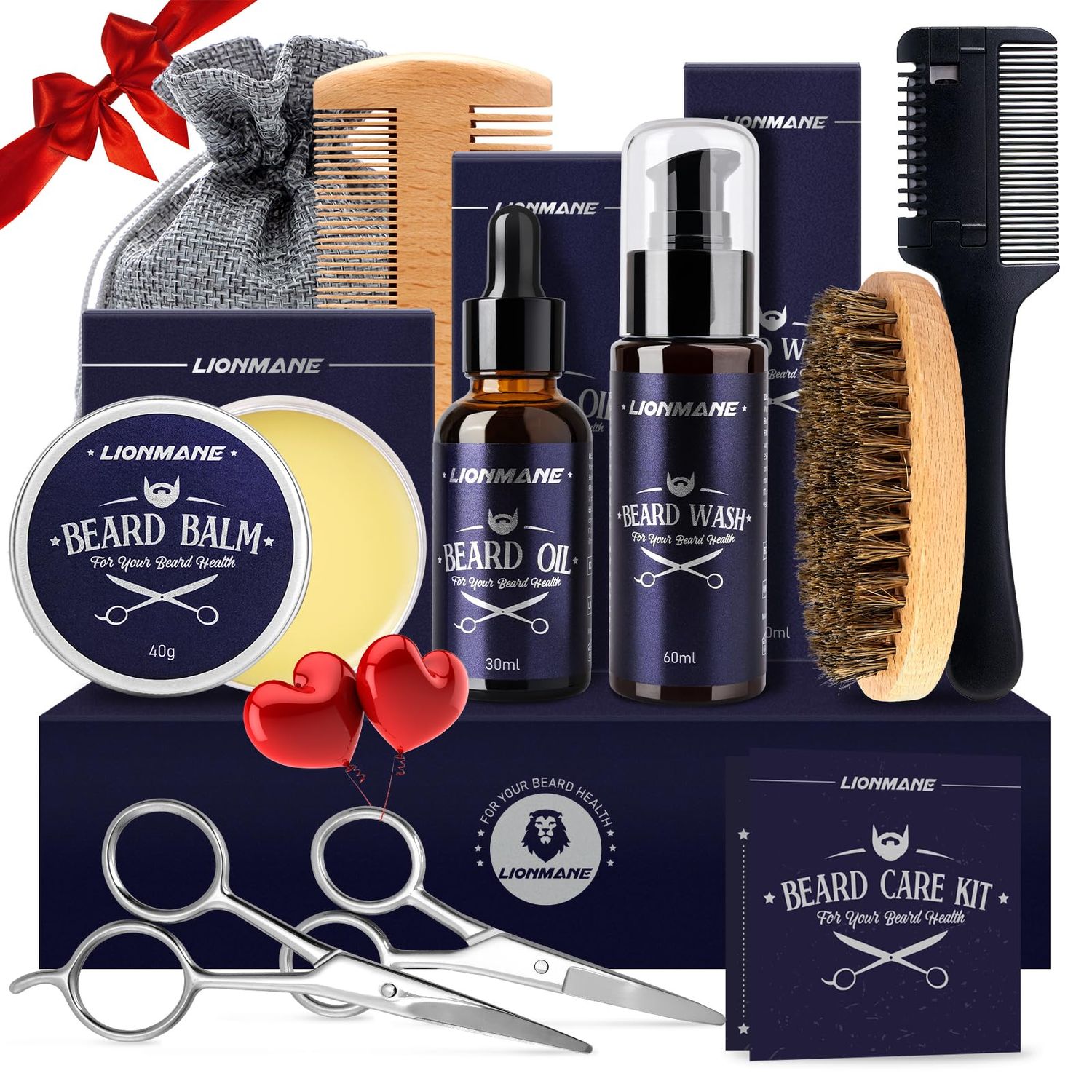 Lionmane Beard Care Gifts Kit for Men, Beard Mustache Grooming Kit-Beard Balm, Beard Wash, Beard Oil, Brush, Scissors, Birthday Anniversary Daily Gifts for Husband/Boyfriend/Dad/Him