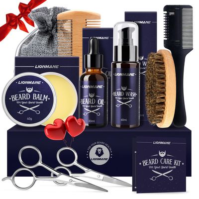 Lionmane Beard Care Gifts Kit for Men, Beard Mustache Grooming Kit-Beard Balm, Beard Wash, Beard Oil, Brush, Scissors, Birthday Anniversary Daily Gifts for Husband/Boyfriend/Dad/Him