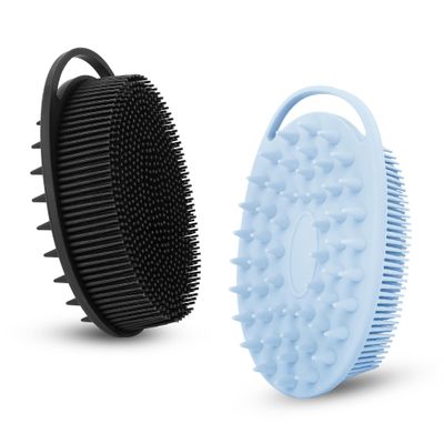 RSMKRH 2pcs Silicone Body Scrubber, 2-in-1 Shower Brush Shampoo Brush, Gentle Exfoliating Body Scrubber, Scalp Massager, Rich Foam, Long Lasting, Suitable for Sensitive Skin(Carbon Black+Azure Blue)