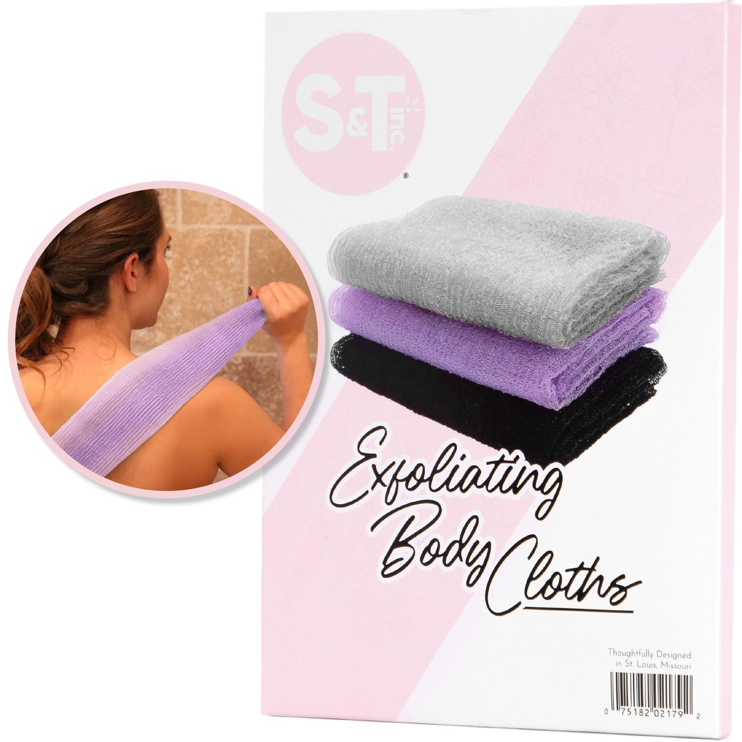 S&amp;T INC. Back Scrubber for Shower, Exfoliating Body Scrubber or Bath Exfoliating Towel for Skin Care, 11.8 Inches x 35.4 Inches, Assorted Purple, 3 Pack