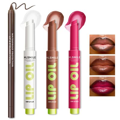 HOSAILY Moisturizing Solid Lip Gloss Jelly Lipstick, 3Color Lip Oil Lip Plumper with Dark Brown Lip Liner, Glossy Lightweight Pigmented Non Sticky Tinted Lip Click Balm Makeup Gift Set for Women
