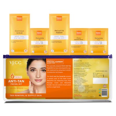 VLCC Natural Anti Tan Facial Kit - Multi Use (6 Facials)| Salon Like Facial at Home in Just 5-Steps | Includes Scrub, Gel, Powder, Massage Cream & Face Pack | 10.58 Oz/300 g