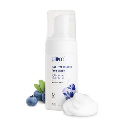 Plum 1% Encapsulated Salicylic Acid Foaming Face Wash with Glycolic Acid, Fruit AHA&#39;s &amp; Blueberry Extracts | Fights Acne, Blackheads &amp; Breakouts | For Men &amp; Women | Sulphate-Free | 100% Vegan | 110 ml